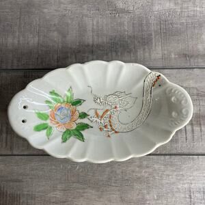 Vintage DS JAPAN Handpainted Floral White Orange Dragon Ceramic Trinket Dish